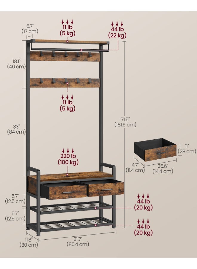 VASAGLE Hall Tree with Bench & Shoe Storage - 10 Hooks Coat Rack with 2 Fabric Drawers & Bench - Entryway Organizer (30x80.4x181.6 cm) - Vintage Brown & Black - Image 5